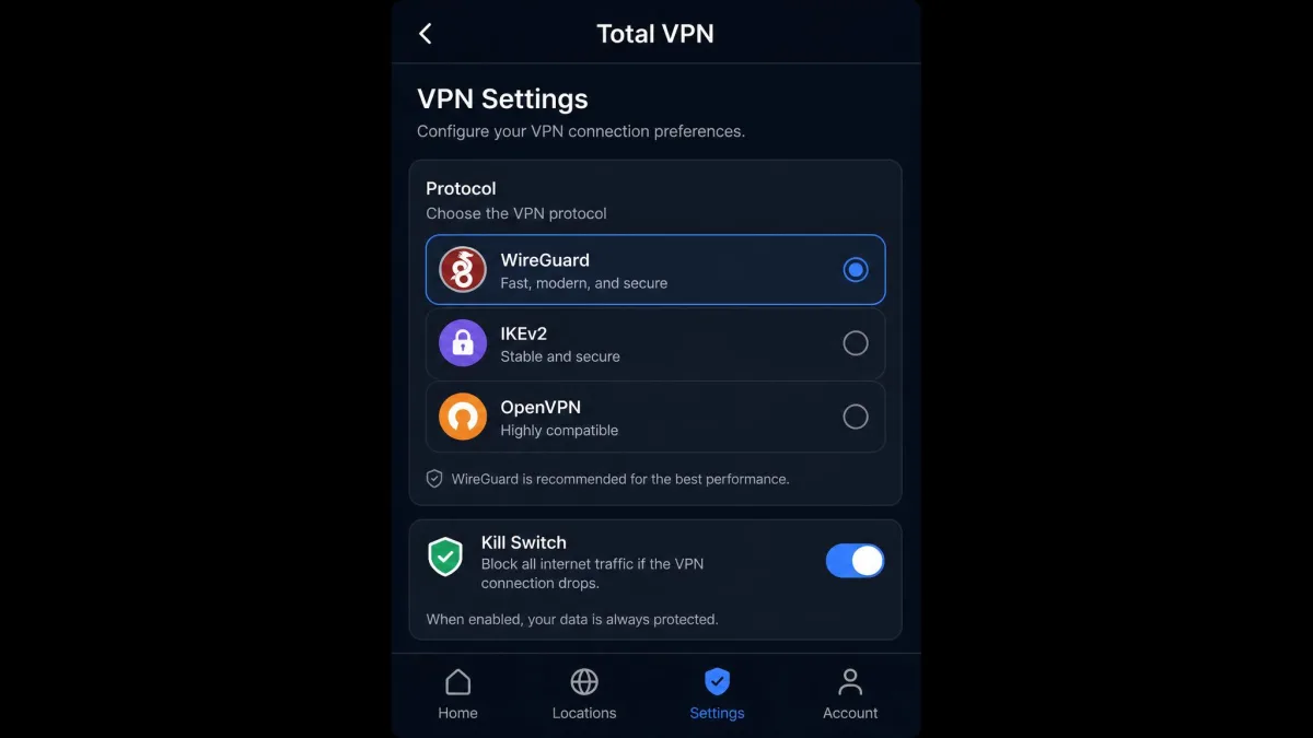 Total VPN settings screen showing the protocol selection menu with WireGuard, IKEv2, and OpenVPN options and a kill switch toggle near the bottom.