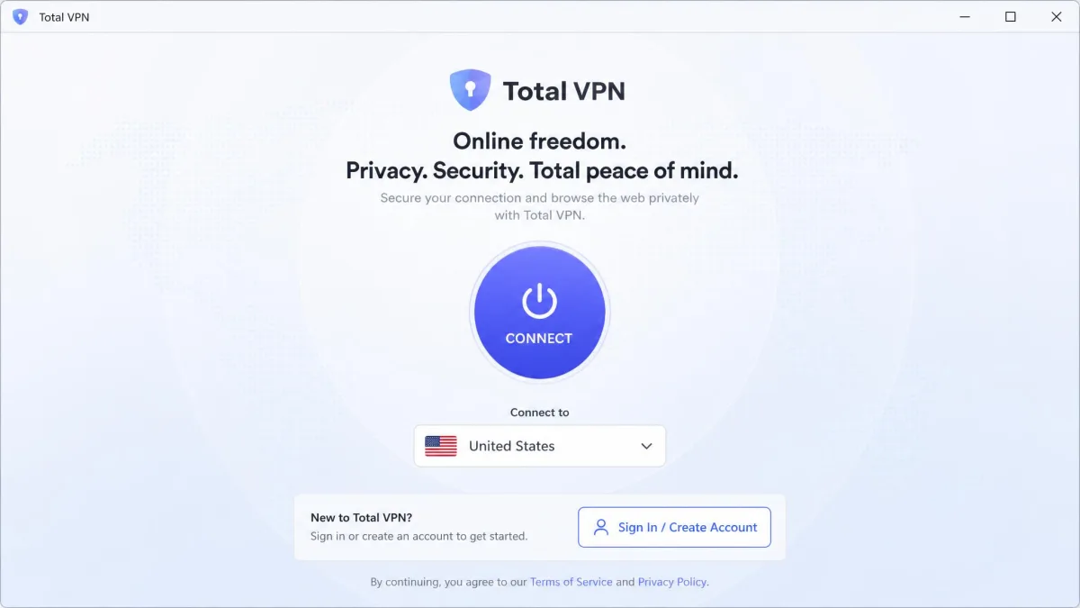 Total VPN first-launch setup screen on Windows with a large connect button, a country dropdown, and a sign-in prompt for a new account.