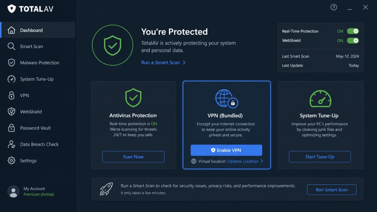 TotalAV security dashboard with the bundled VPN panel highlighted, showing an enable-VPN button alongside antivirus and system tune-up tiles.