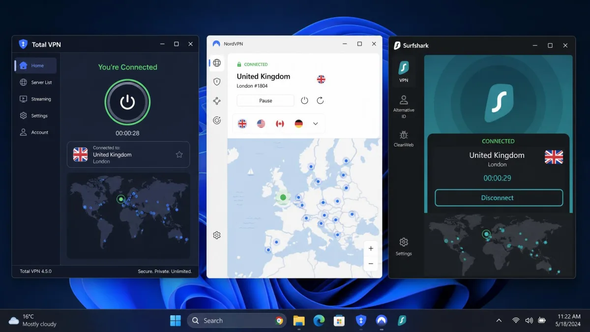 Three VPN apps side by side on desktop, Total VPN, NordVPN, and Surfshark, each showing its connection screen and server map for comparison.