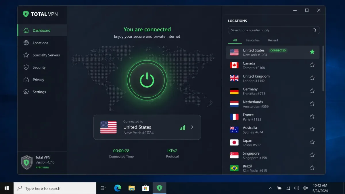 Total VPN Windows desktop app showing a connected status with a US server selected, the on/off toggle glowing green, and the server list open on the right side.