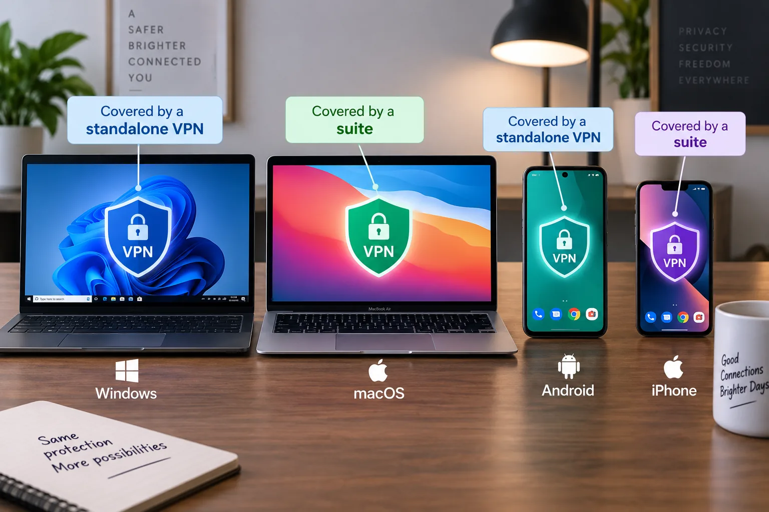 A Windows laptop, MacBook, Android phone and iPhone, each labelled as covered by a standalone VPN or a suite.