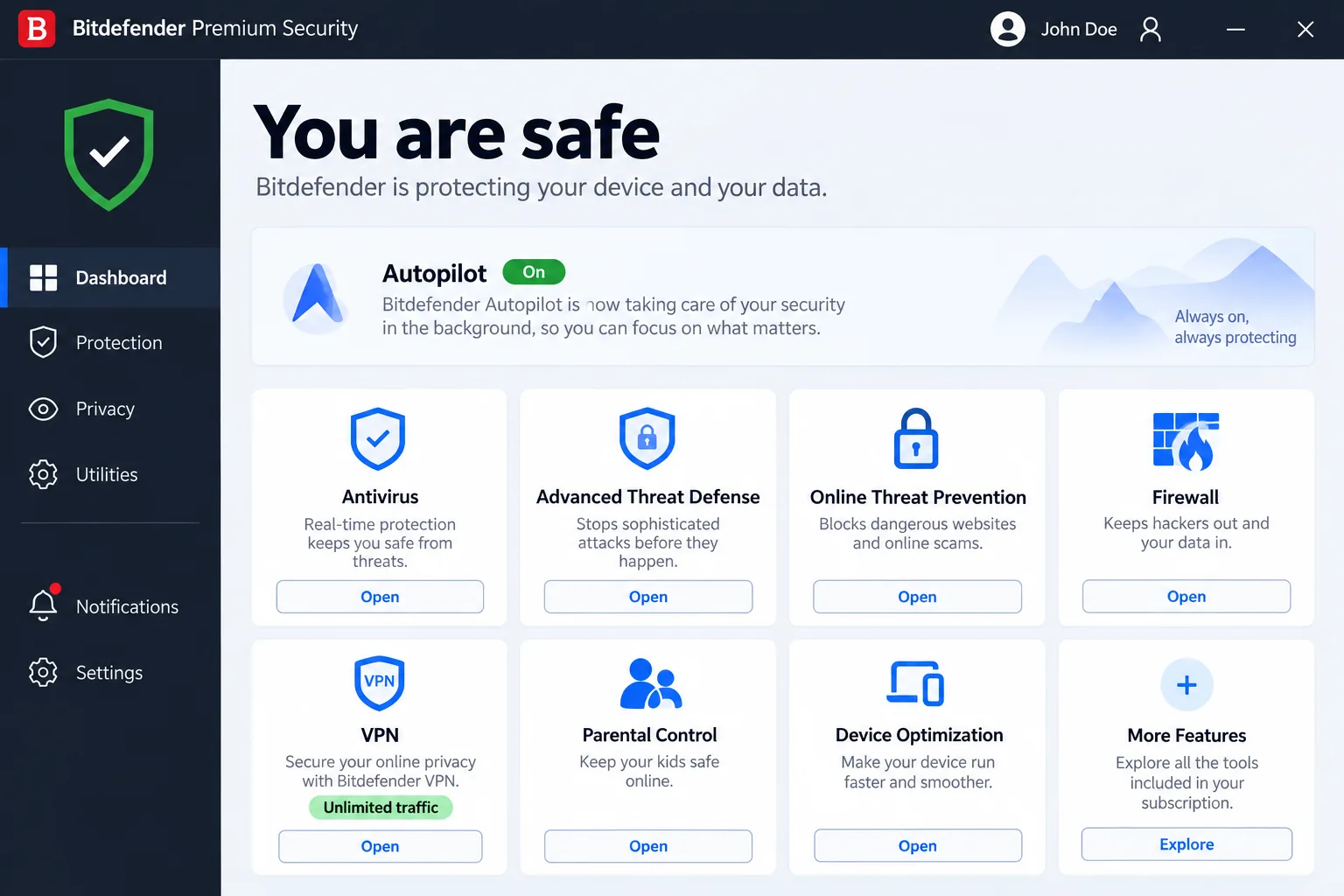 Bitdefender Premium Security's dashboard with Autopilot on and the VPN tile showing unlimited traffic.