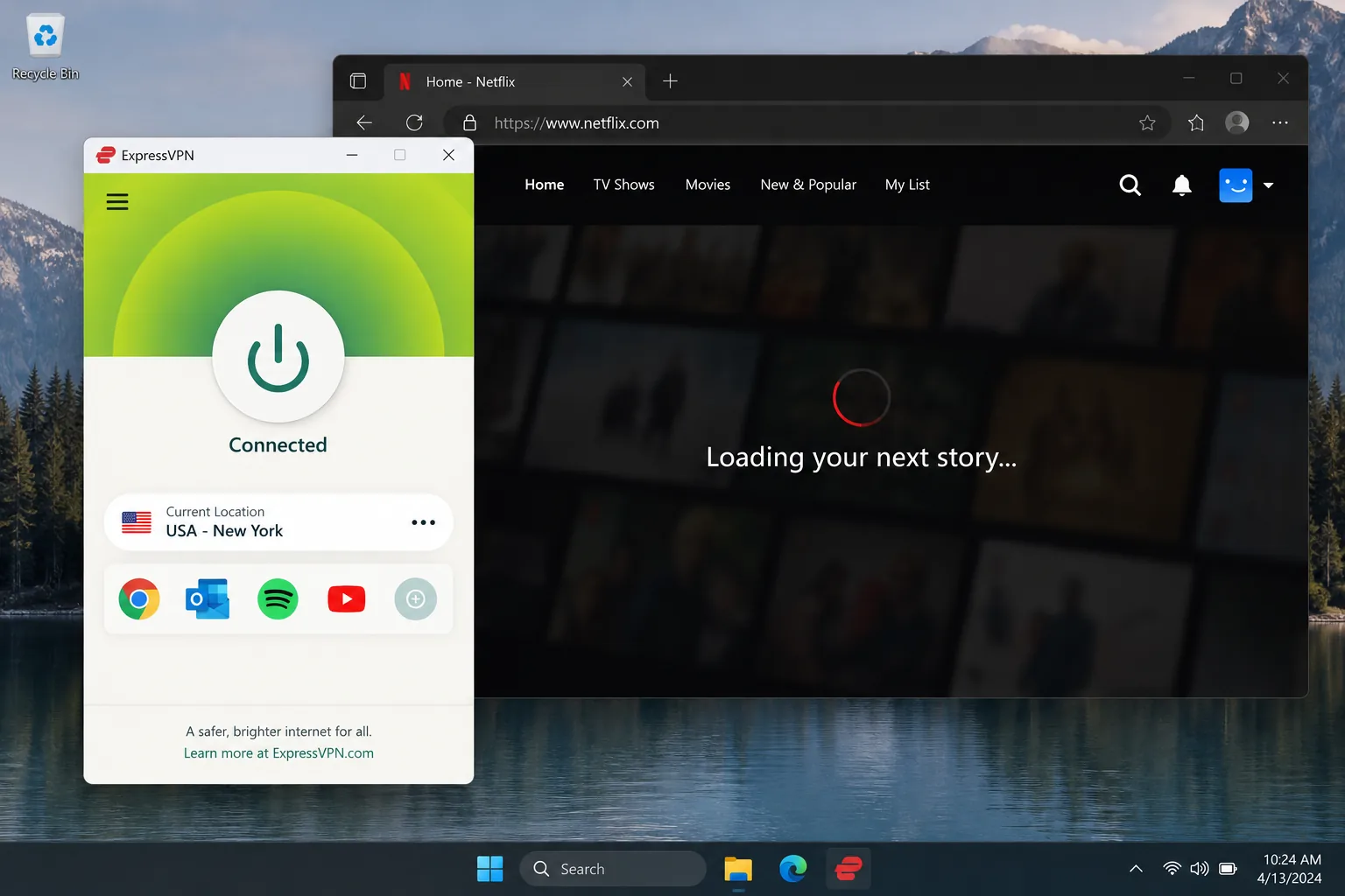 ExpressVPN's desktop app connected to a US server while a streaming service loads in a browser behind it.