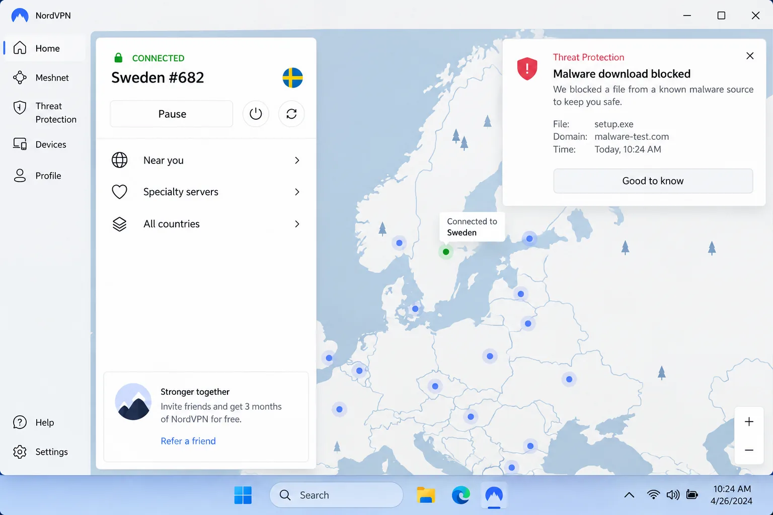 NordVPN's Windows app showing a blocked malware download alert while connected to a nearby server.
