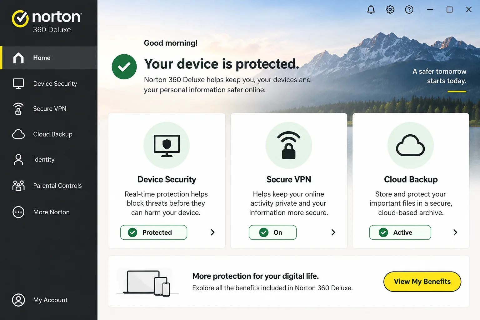 Norton 360 Deluxe's Windows dashboard with Device Security, Secure VPN and Cloud Backup tiles.