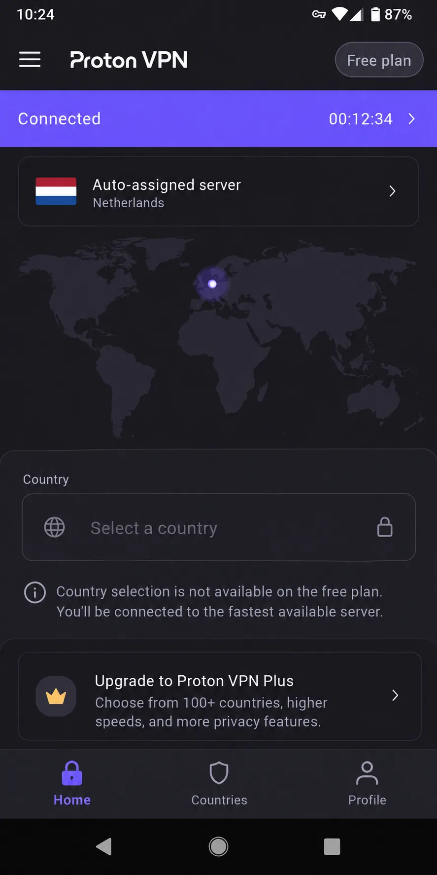 Proton VPN's free plan on an Android phone, with an auto-assigned server and the country picker locked.
