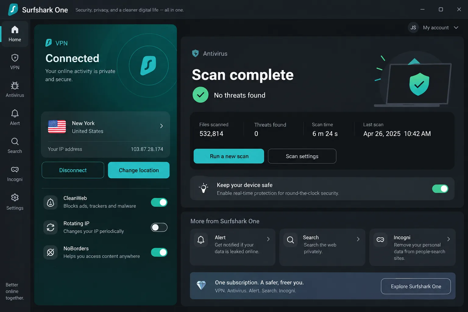 Surfshark One's Windows dashboard with a completed antivirus scan and the VPN connected in the sidebar.