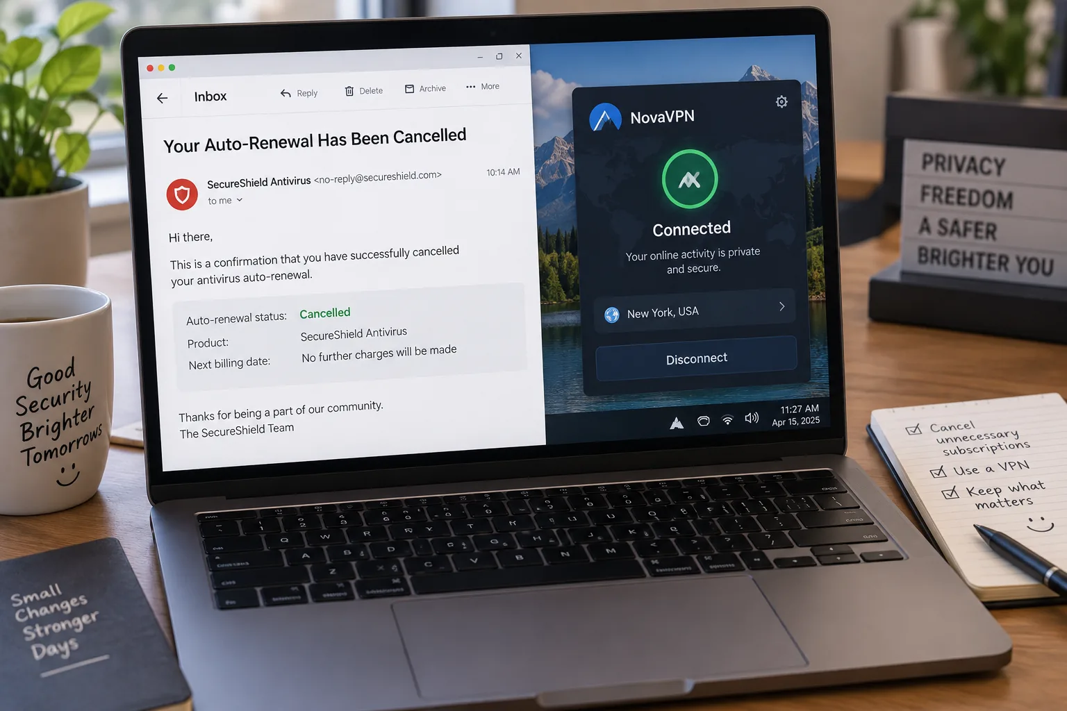 A laptop with a new VPN connected in the tray next to an email confirming a cancelled antivirus auto-renewal.