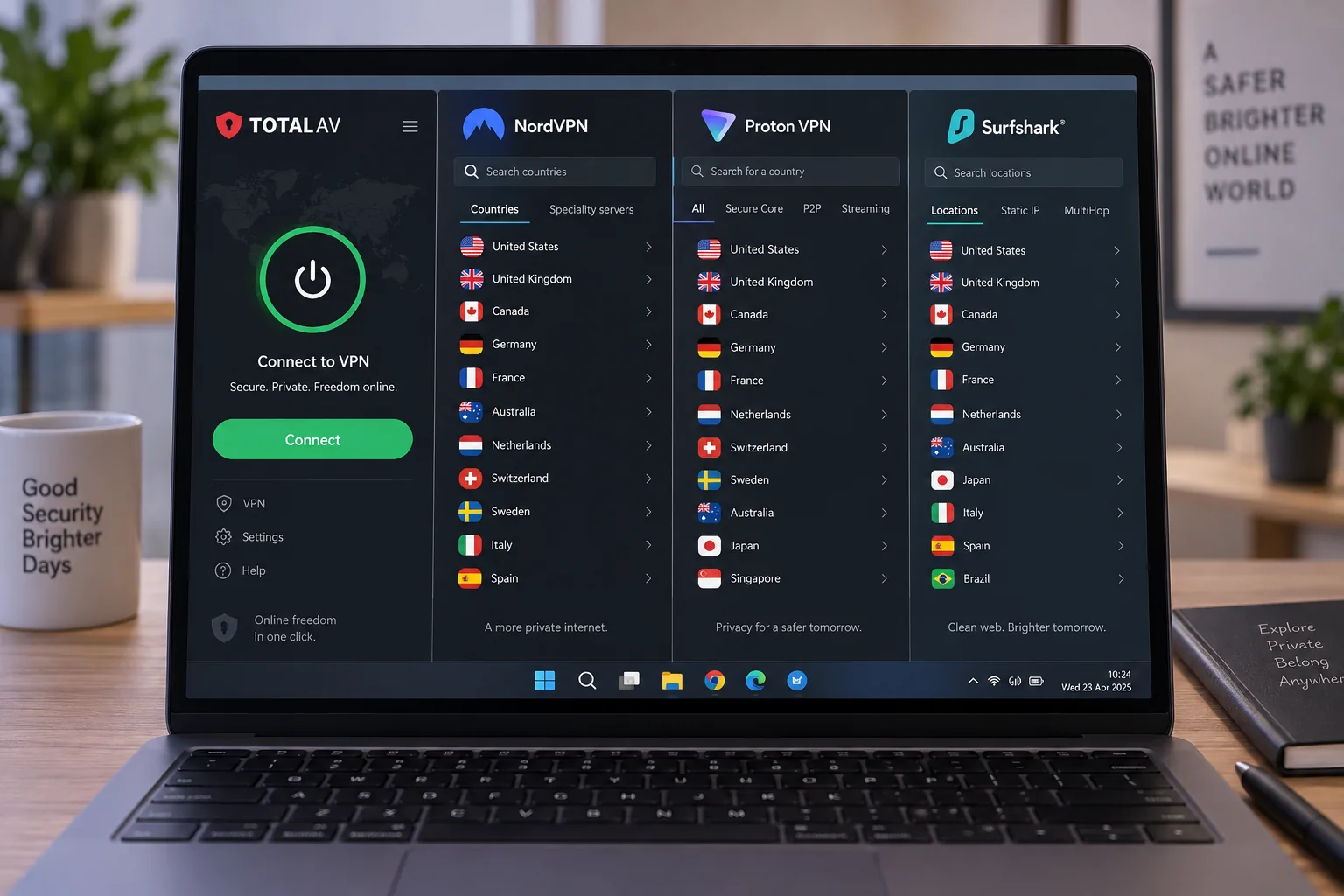 TotalAV's single connect button on a laptop screen beside the NordVPN, Proton VPN and Surfshark server lists.