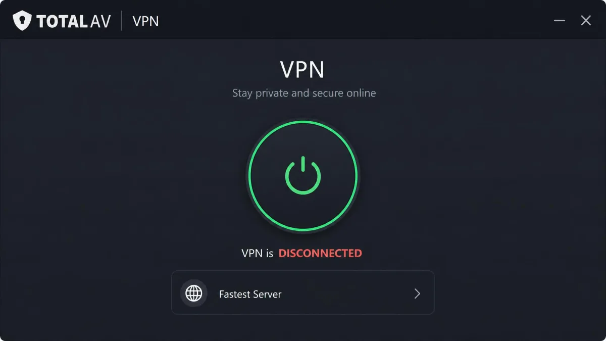 Close-up of the TotalAV VPN connect screen showing a single large power button, a Fastest Server label, and no advanced protocol menus visible.