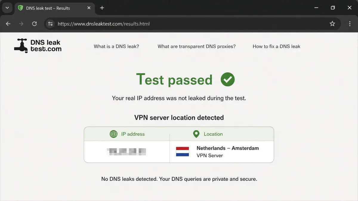 Browser window showing a DNS leak test results page with only the VPN server location listed and a green passed indicator, confirming the real IP address did not leak.