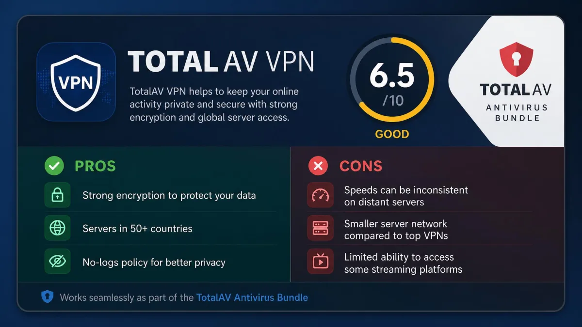TotalAV VPN summary card showing a 6.5 out of 10 rating badge, a short pros and cons split, and the antivirus bundle logo in the corner.