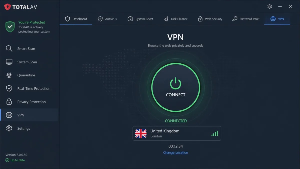 TotalAV VPN desktop app showing a large connect button in the center, a connected status with a country flag, and the antivirus dashboard tabs running along the top edge.