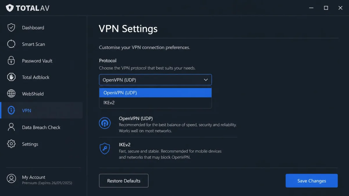 TotalAV VPN settings panel on Windows listing OpenVPN and IKEv2 protocol options with a dropdown selector, and no split tunneling section present.
