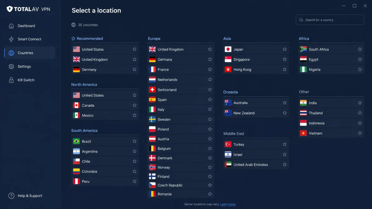 TotalAV VPN country selection screen listing around 35 countries grouped by region, with the United States, United Kingdom and Germany near the top and sparse entries under the Asia section.
