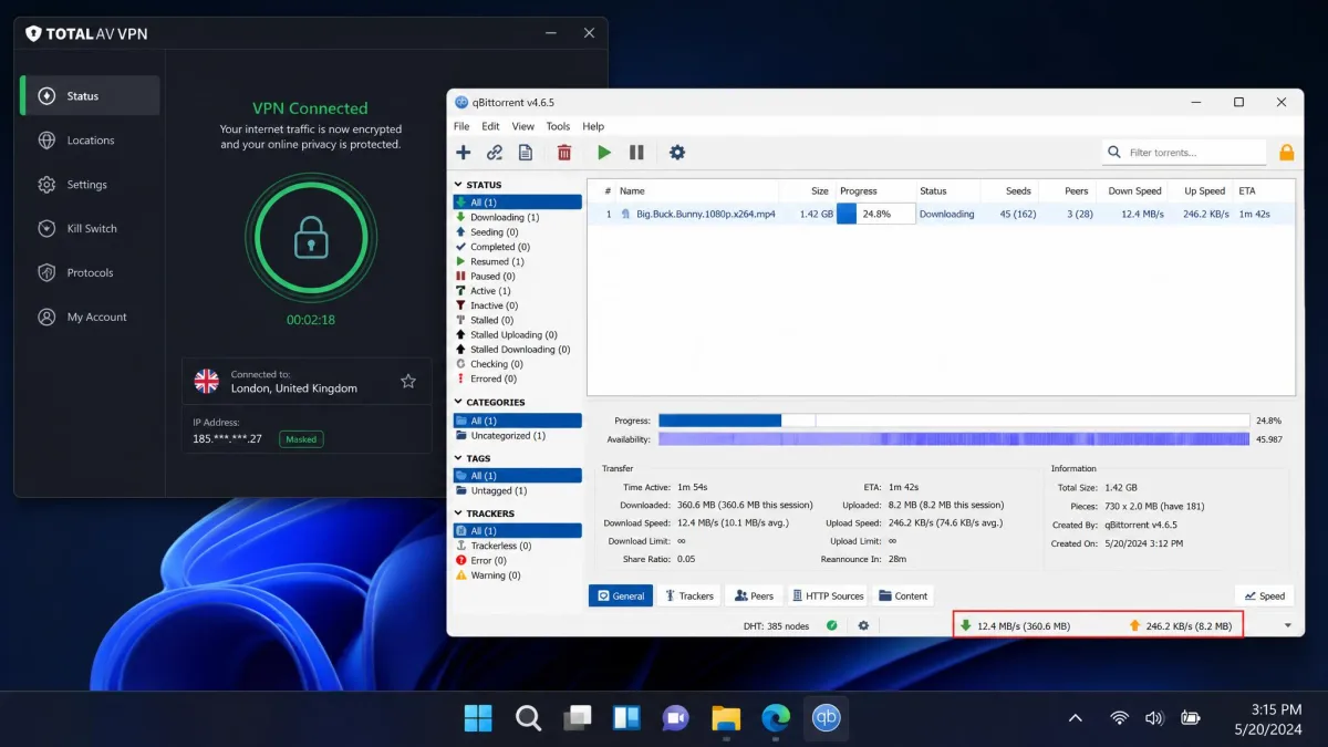 TotalAV VPN connected in the background while a torrent client downloads a file, showing the masked IP address and transfer speed in the client status bar.
