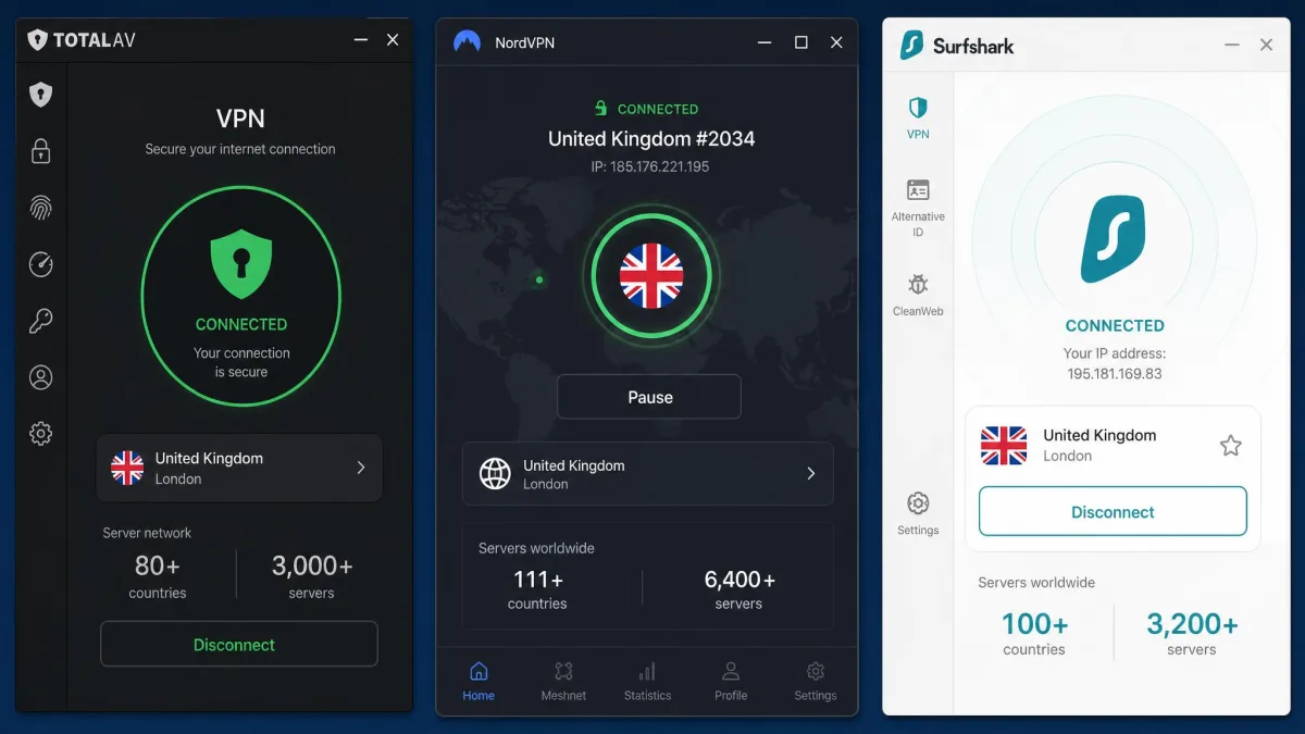 Three VPN app windows arranged side by side for TotalAV, NordVPN and Surfshark, each showing its server count and connection screen for a visual scale comparison.