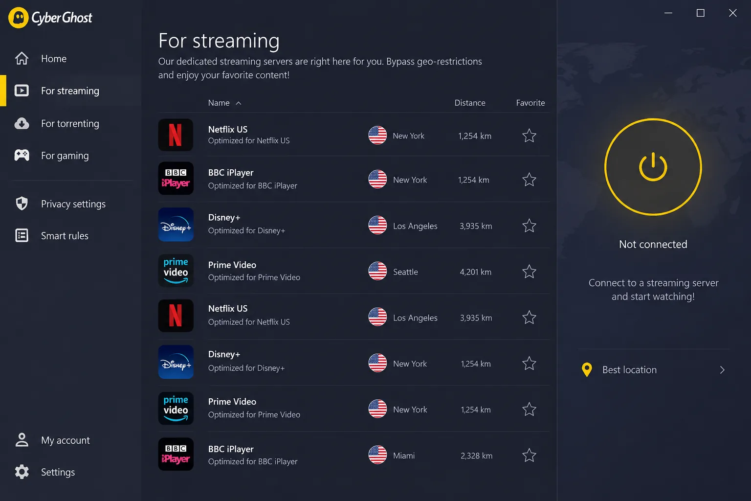 CyberGhost's Windows app with the "For streaming" tab open, listing servers labeled for Netflix US, BBC iPlayer, Disney+ and Prime Video.