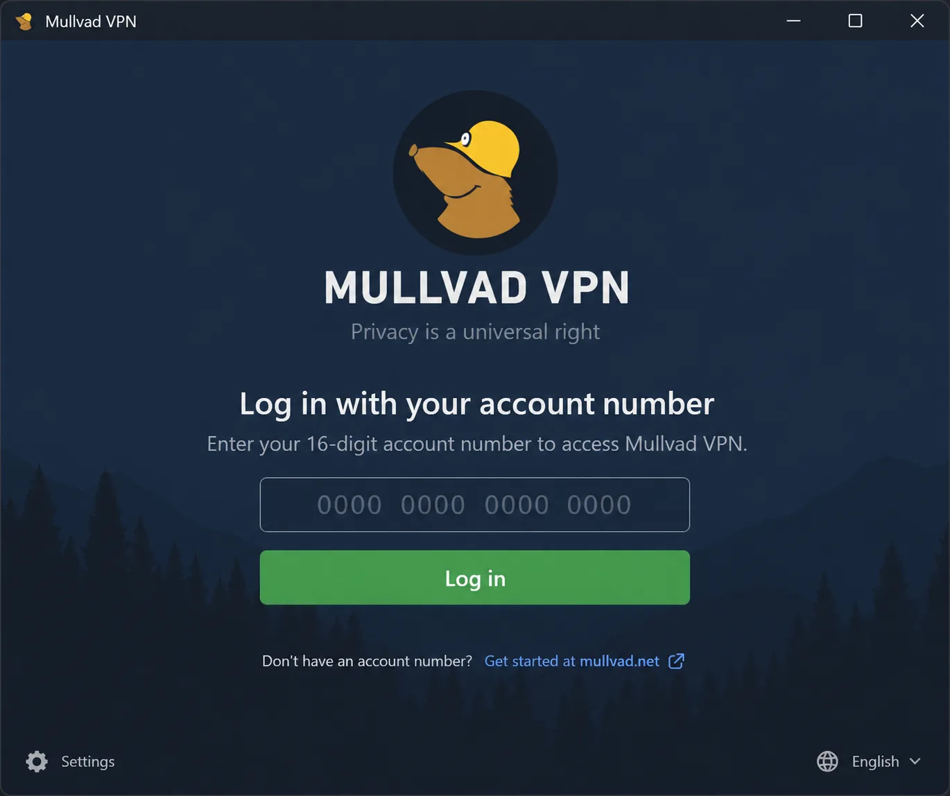 Mullvad VPN's login screen on Windows asking only for a 16-digit account number, with no email or password fields.