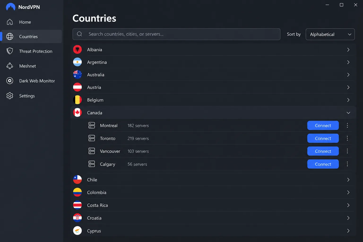NordVPN's desktop app in list view with a country expanded to show its city-level servers, an alternative to zooming in on the map.