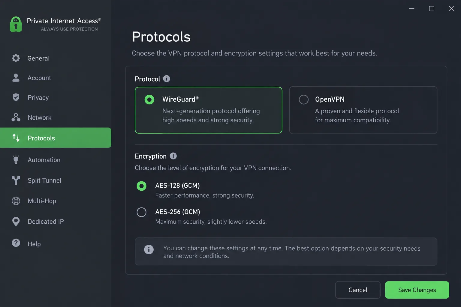 Private Internet Access desktop settings panel open on the Protocols tab, showing the WireGuard and OpenVPN options and the AES-128 or AES-256 encryption choice.