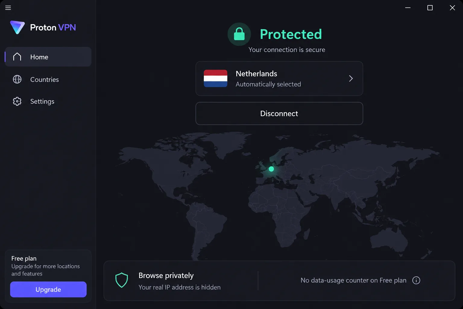 Proton VPN's Windows app connected on the free plan, showing the automatically chosen server country, the green protected status and no data-usage counter.