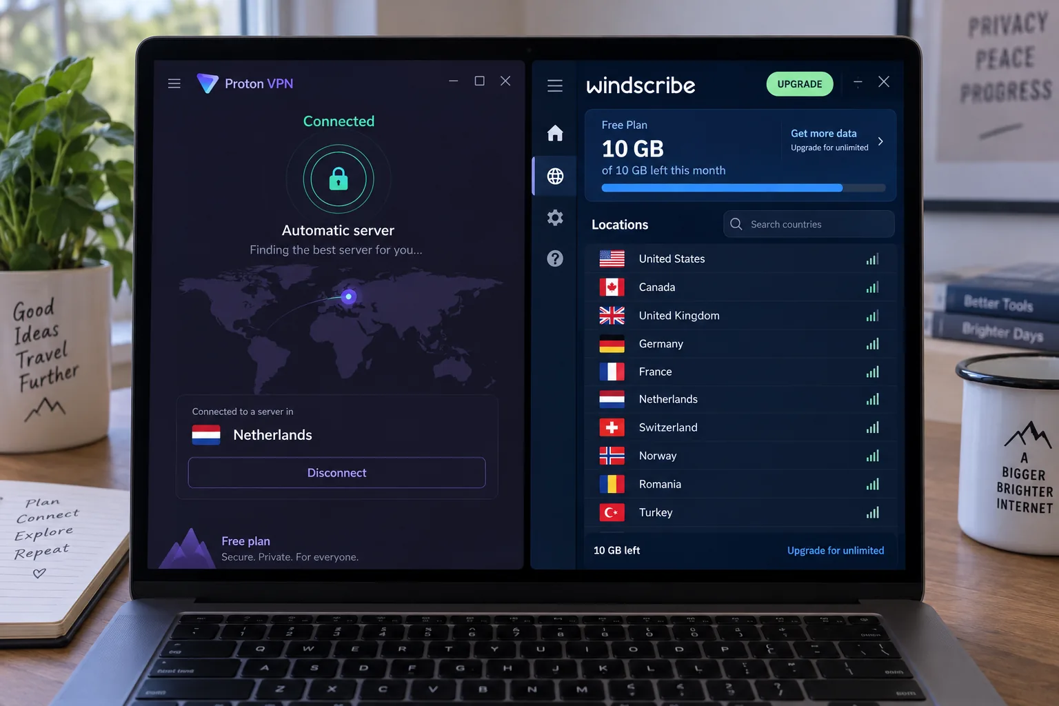 Proton VPN's free plan and Windscribe's free plan open side by side on a laptop, one showing an automatic server choice and the other showing a manual country list with a 10GB data counter.