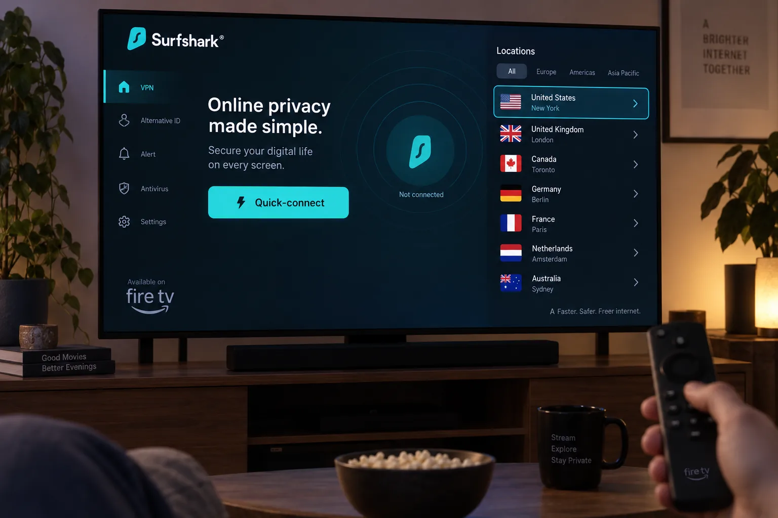 Surfshark's Fire TV app on a living-room television, showing the Quick-connect button and the server list navigated with a remote control.