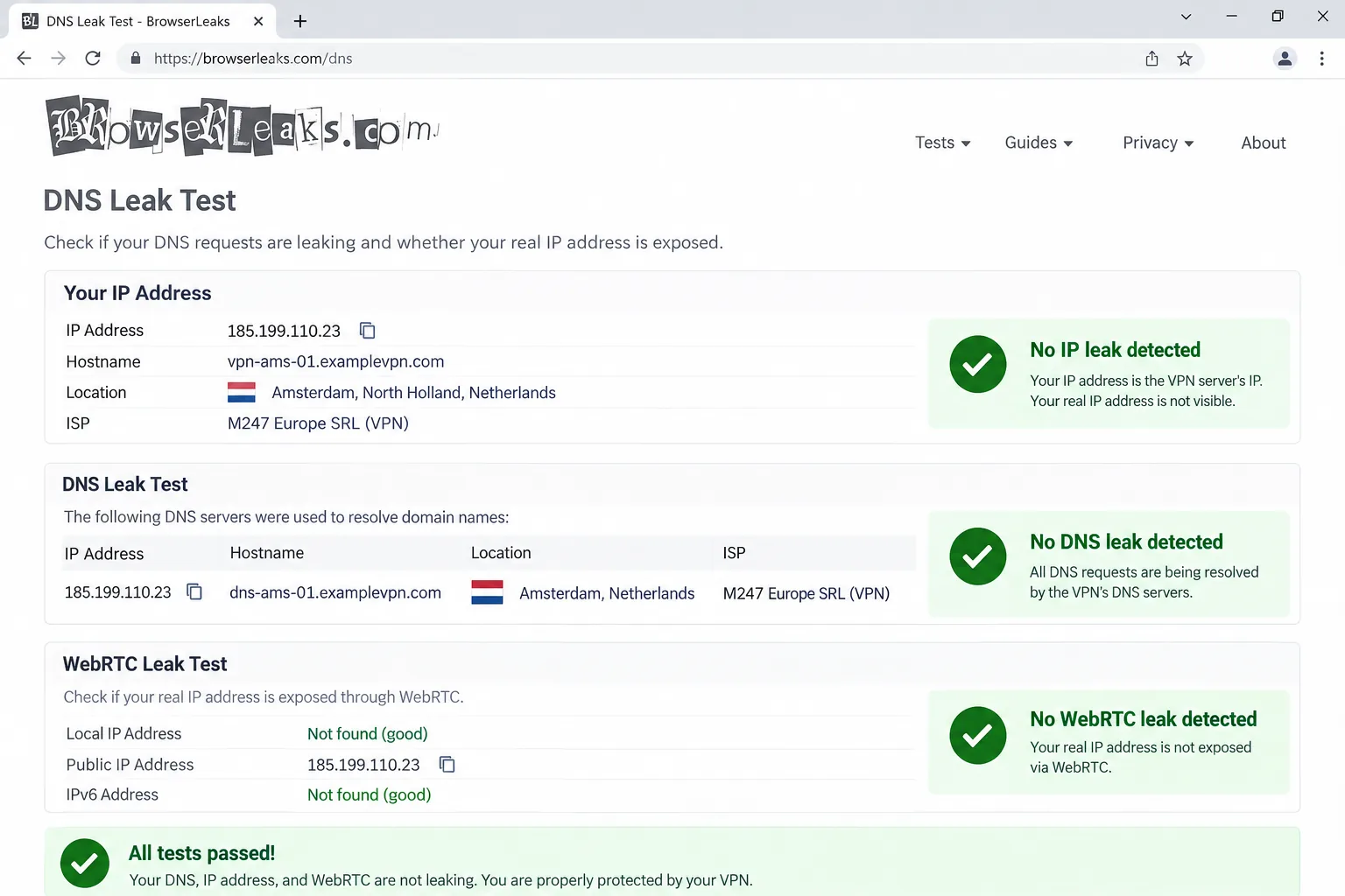 A browser-based DNS and WebRTC leak test results page showing only the VPN server's IP address and DNS resolver, with no leak of the home ISP's address.