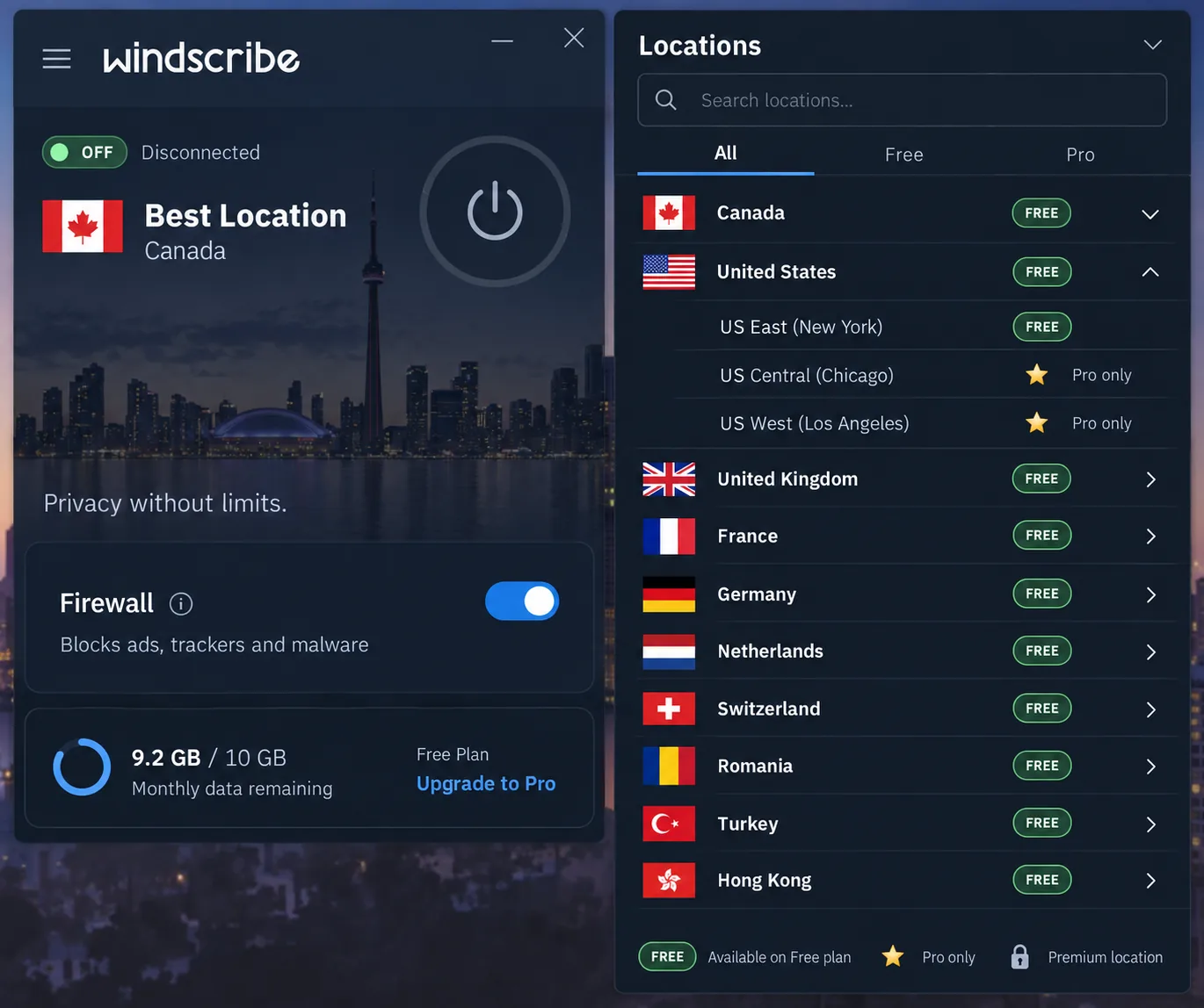 Windscribe's desktop app on the free plan with the location list open, free countries unlocked, Pro-only cities marked with a star and the remaining monthly data shown at the bottom.