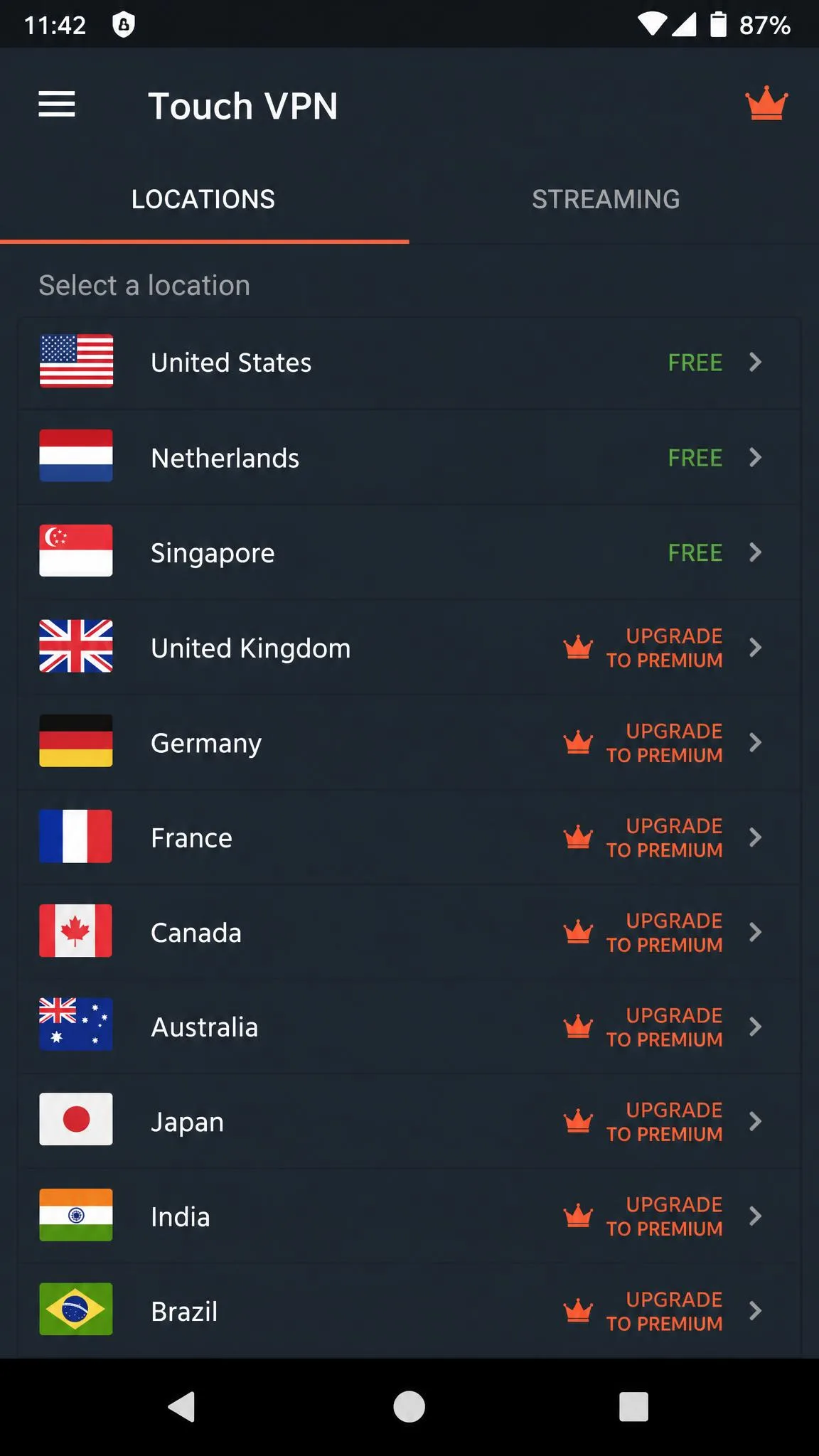 The Touch VPN Android app showing its list of available server locations with country flags, a few of them marked as free and the rest requiring a paid plan.