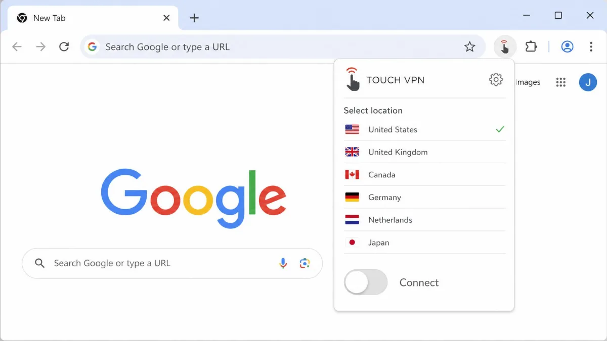 The Touch VPN Chrome browser extension open in the toolbar, showing a short list of available locations and a single connect toggle.