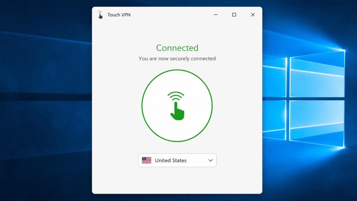 The Touch VPN Windows desktop app showing a connected status with a single large connect button and a server location dropdown, no advanced settings visible.