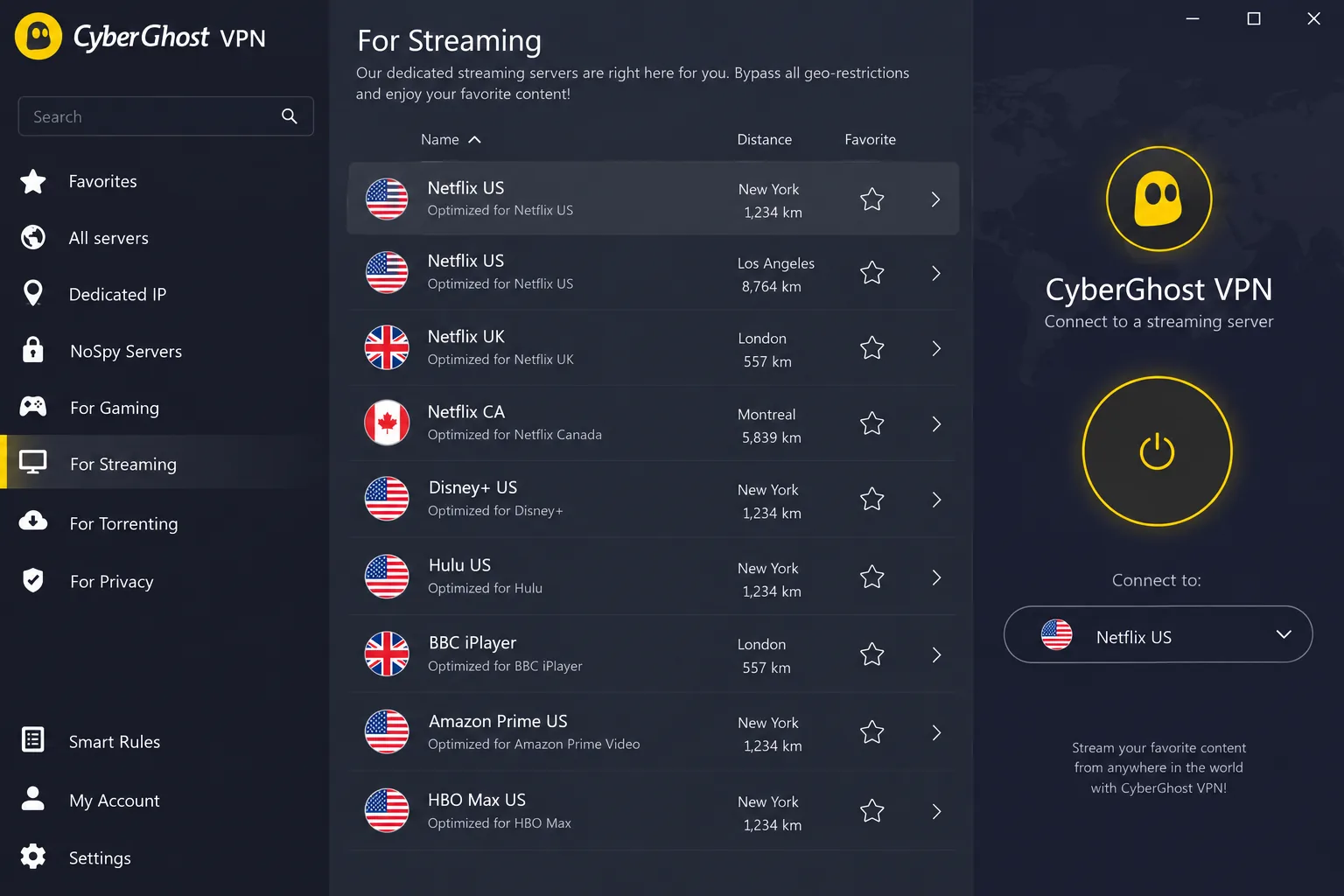 CyberGhost's desktop app showing servers labeled for Netflix US and BBC iPlayer.