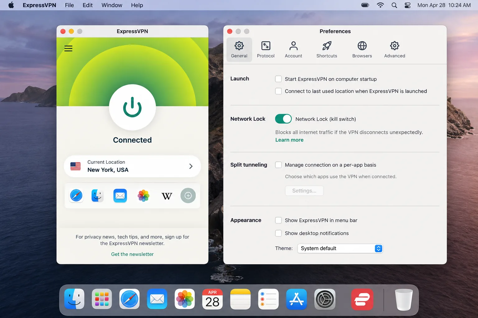 ExpressVPN's macOS app with the Network Lock kill switch enabled.