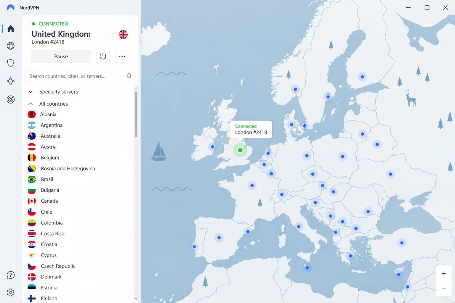 NordVPN's Windows app connected to a nearby server, with the list view open beside the map.