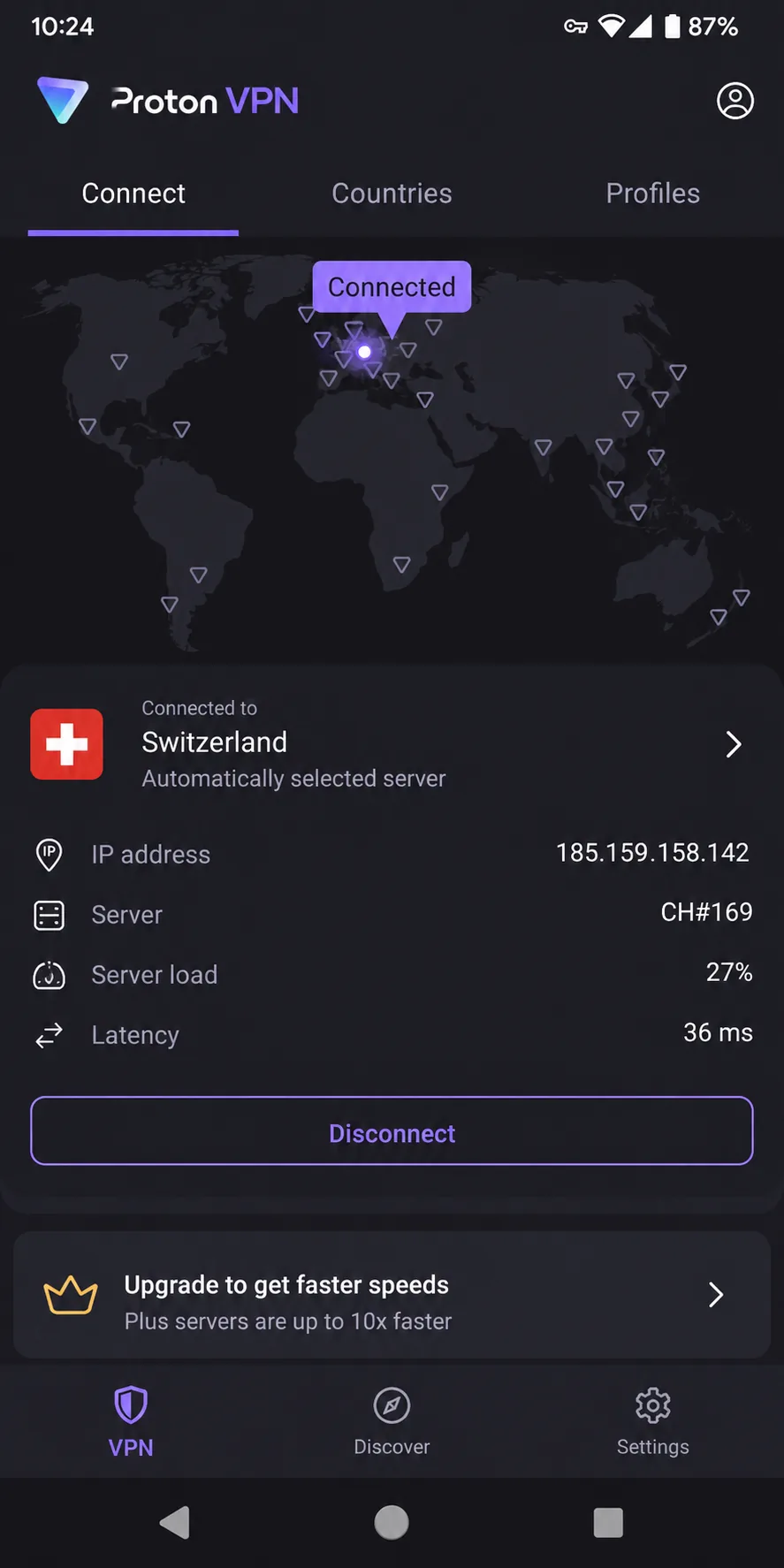 Proton VPN's free plan on an Android phone, showing an automatically assigned server.