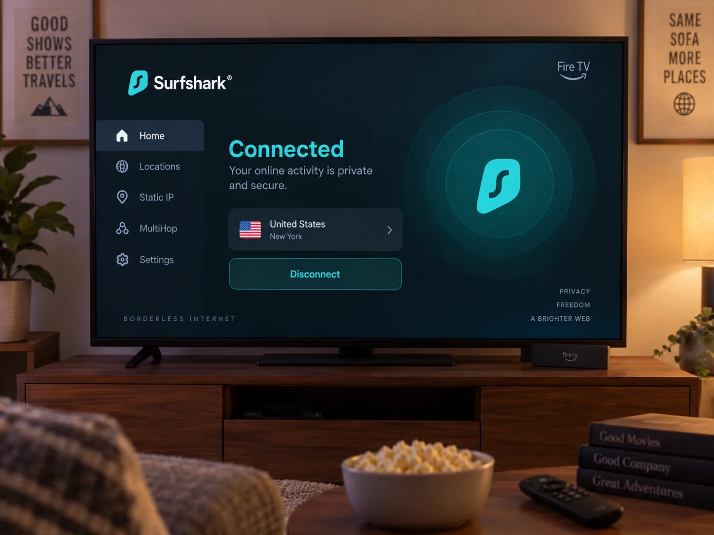 Surfshark's Fire TV app connected on a living-room television.