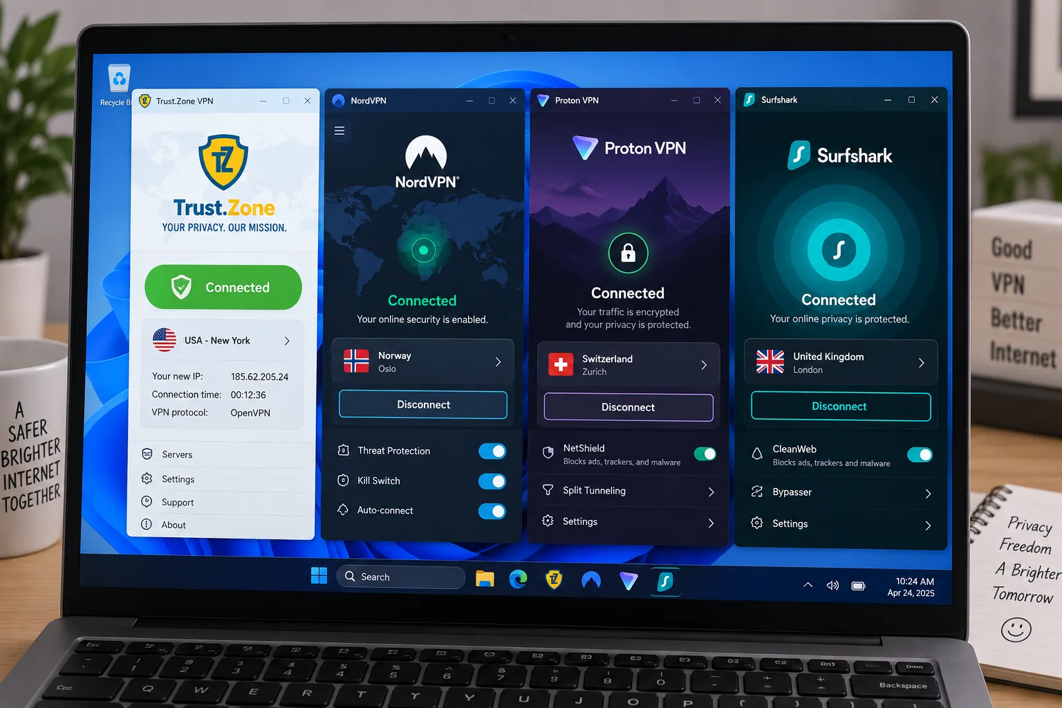 Trust.Zone's Windows client beside the NordVPN, Proton VPN and Surfshark apps on a laptop screen.