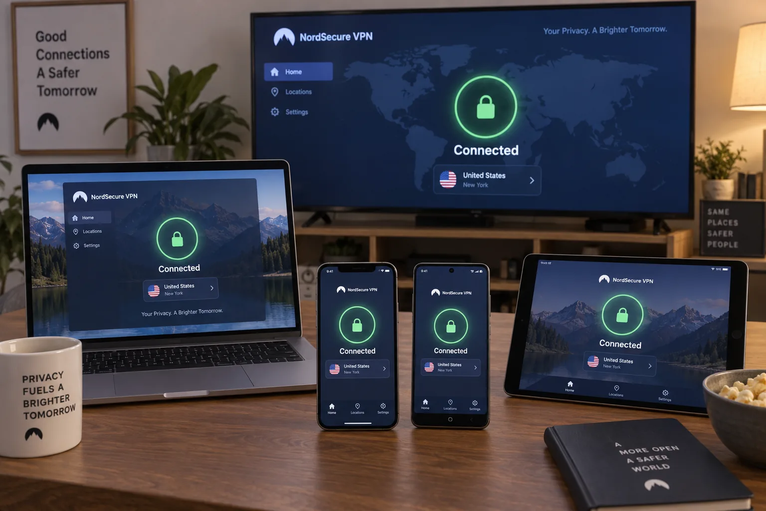 A laptop, two phones, a tablet and a smart TV on a table, each running a connected VPN app.
