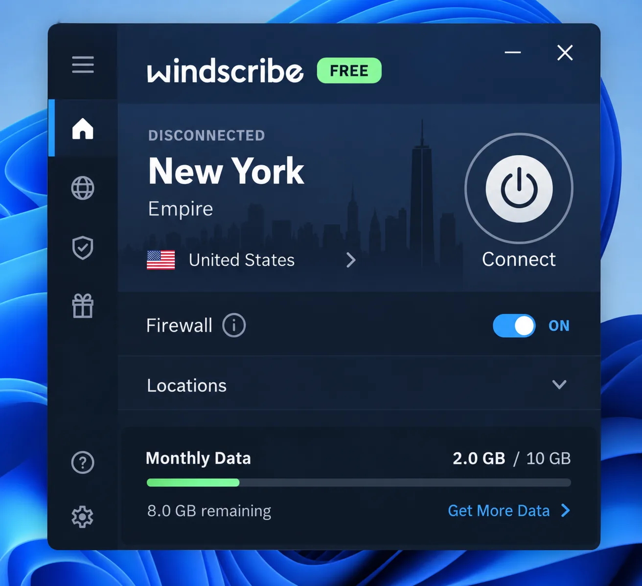 Windscribe's Windows app on the free plan, showing the monthly data counter.