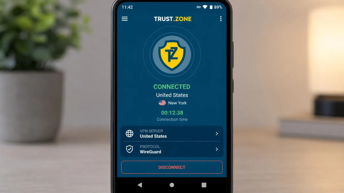 Trust.Zone Android app on a phone showing an active connection to a US server with the connection timer and protocol setting visible.