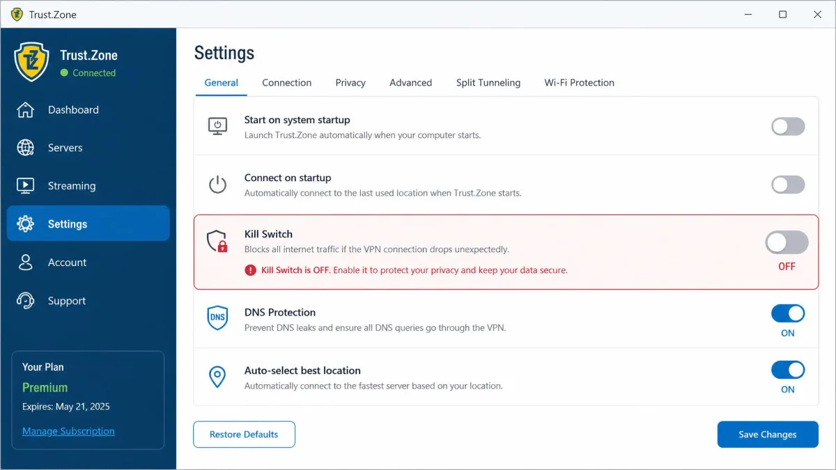 Trust.Zone desktop app settings panel with the kill switch toggle highlighted in the off position, showing it must be enabled manually.
