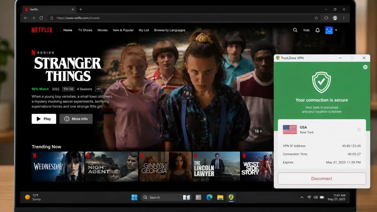 Netflix US library playing through a Trust.Zone connection on a laptop, with the VPN app showing an active US server in the corner.