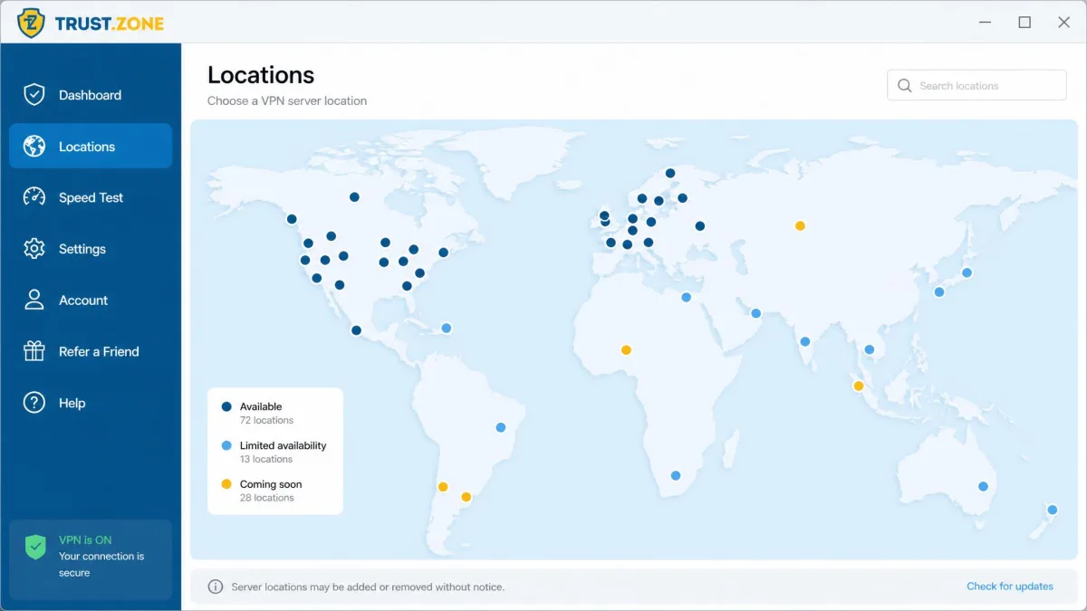 Trust.Zone app world map view showing available server locations concentrated in North America and Europe with sparser coverage elsewhere.