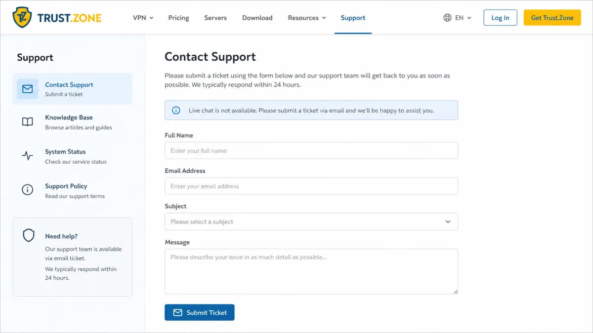 Trust.Zone customer support page showing the email ticket submission form with no live chat option available.