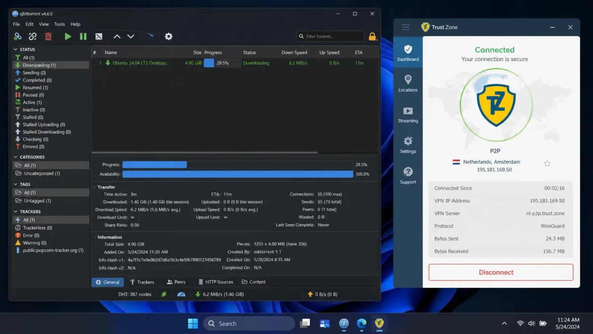 A torrent client downloading at a steady rate while Trust.Zone is connected to a nearby P2P server, with the VPN app visible alongside.