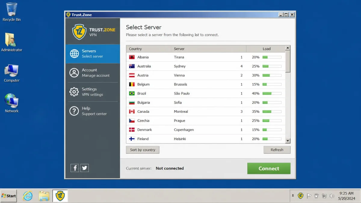 Trust.Zone Windows desktop app open on the server selection screen, showing the country list and connect button with a dated grey interface.