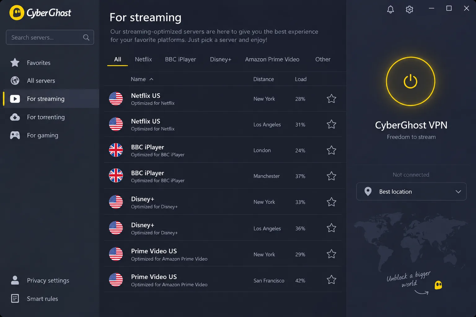 CyberGhost's desktop app with the "For streaming" server tab open, listing servers labeled for Netflix US, BBC iPlayer, Disney+ and Prime Video.